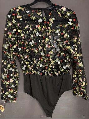 Boohoo Black Sheer Floral Embroidered Long-Sleeve Bodysuit